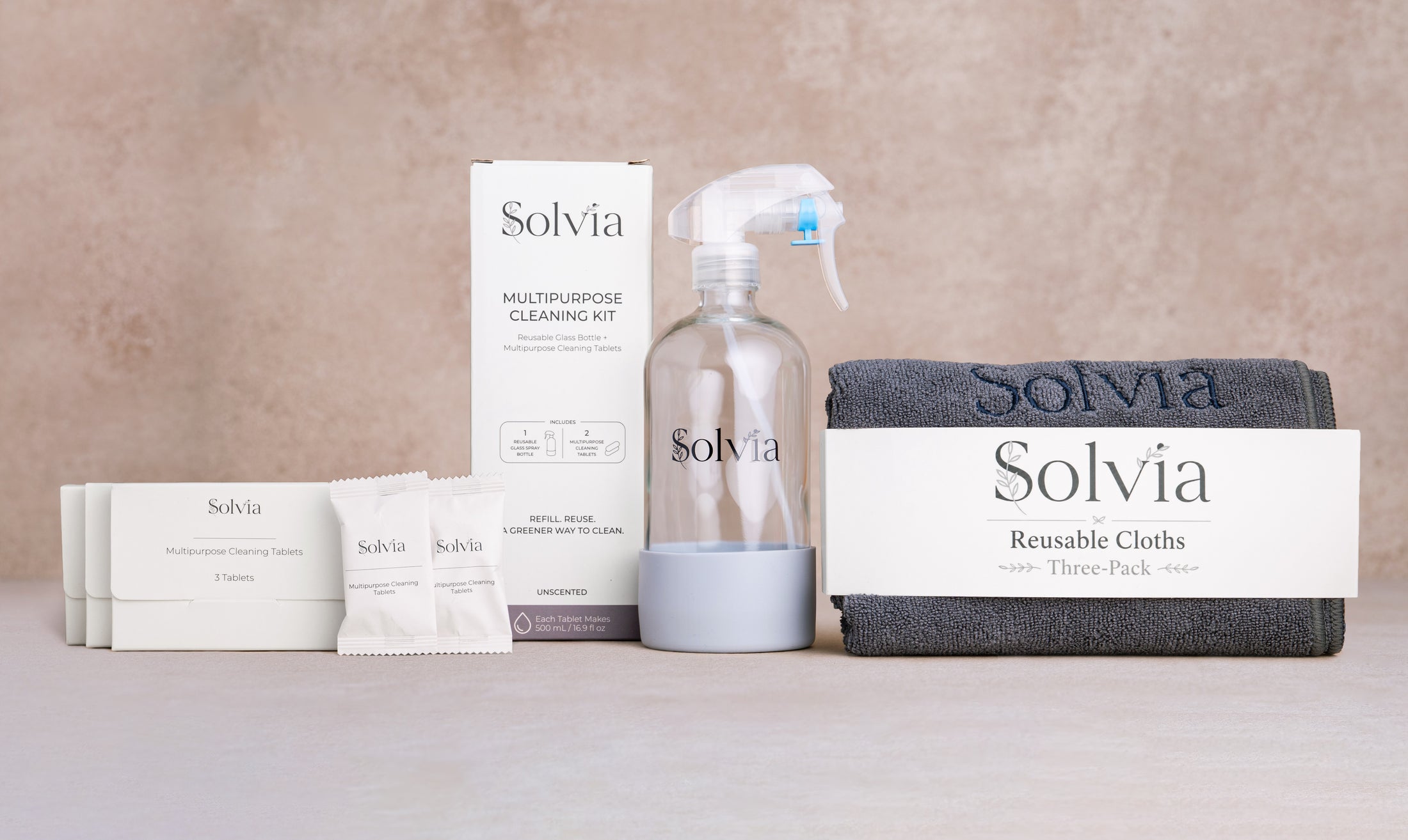 Solvia cleaning kit, refill tablets and reusable cloths